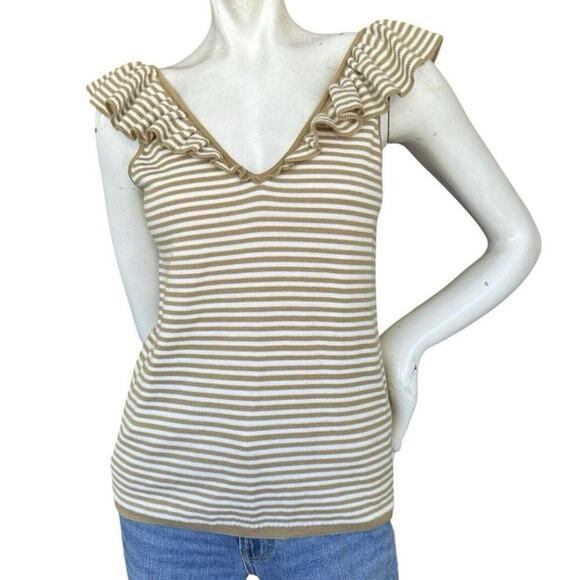 Madewell Bellhaven Stripe Ruffle Knit Sweater Tank XXS Merino Wool Blend Tan NWT - Picture 1 of 10